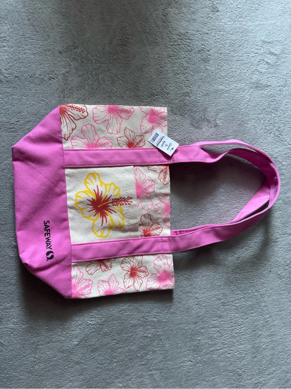 Pink Floral Canvas Tote Bag with Yellow Hibiscus Accent